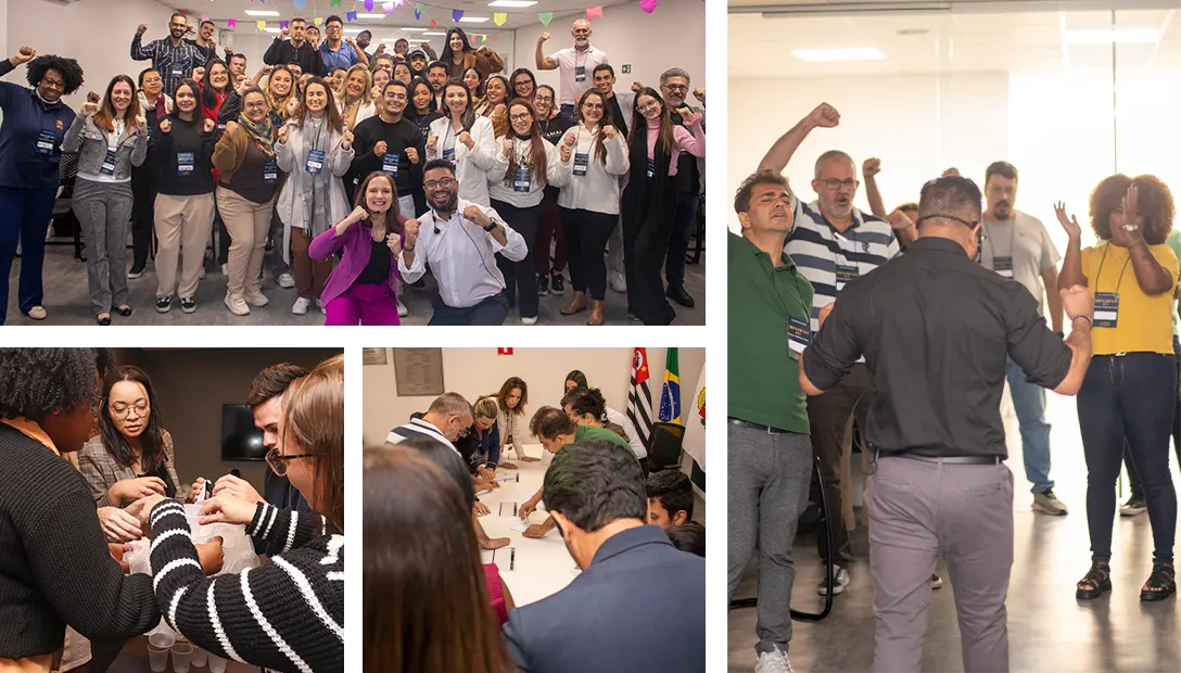 Mosaico de fotos de participantes reais em treinamentos LCV anteriores, demonstrando nossa experiência.